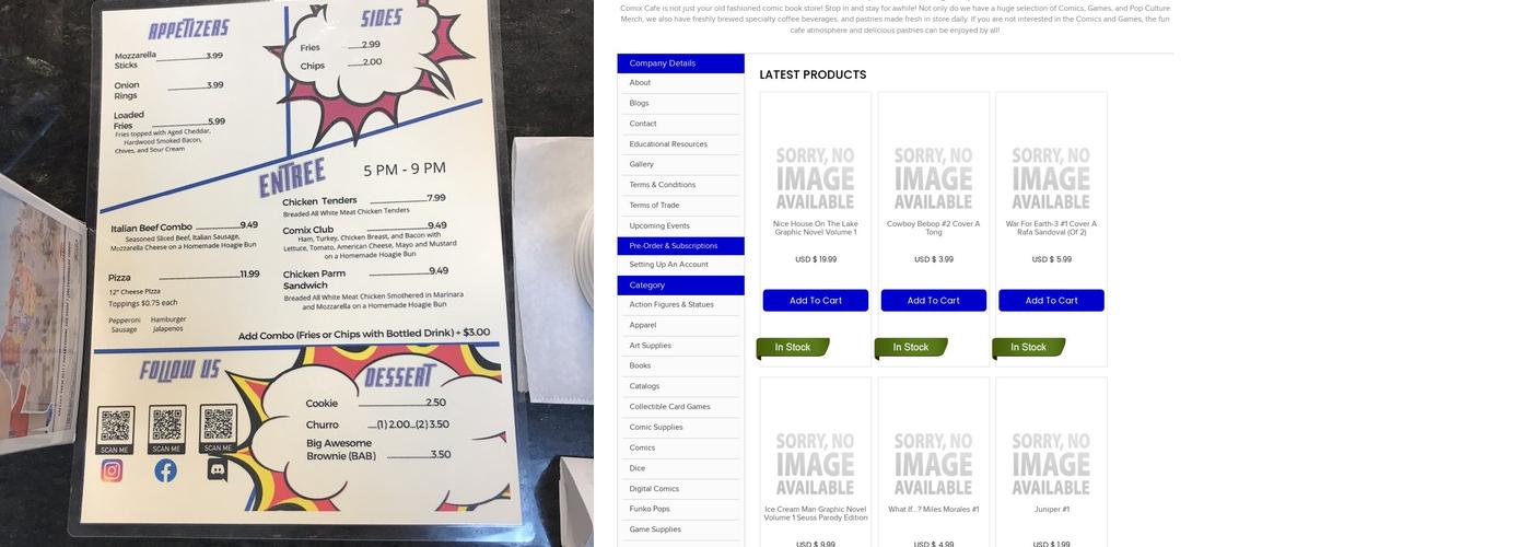 Comix Cafe Menu
