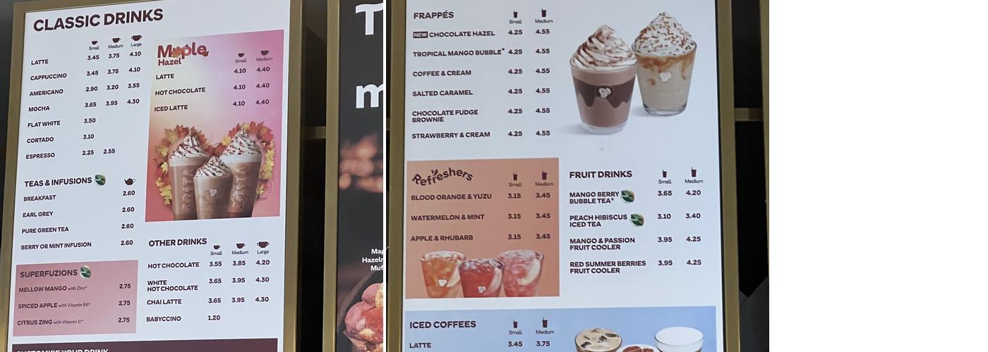 Costa Coffee Menu