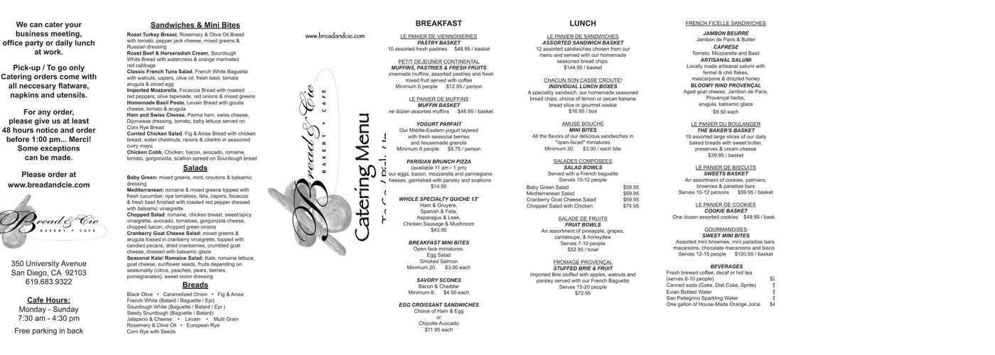 Bread & Cie Wholesale Menu