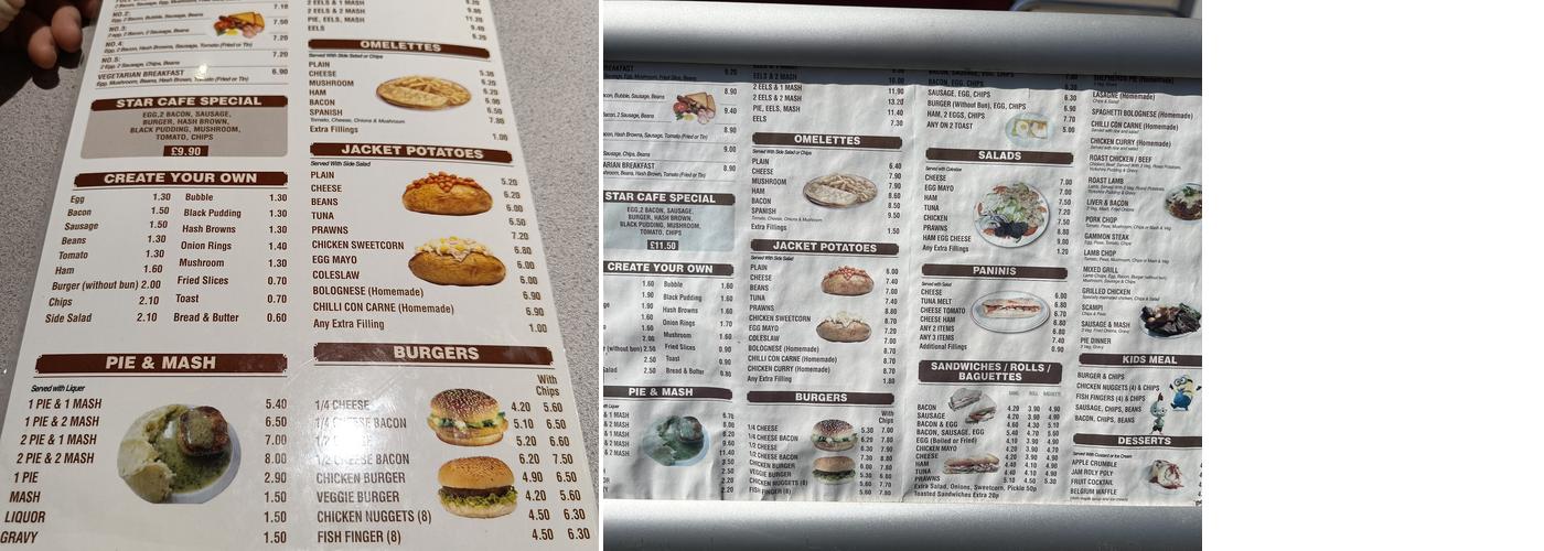 Star Cafe Pie and Mash Rayleigh Menu