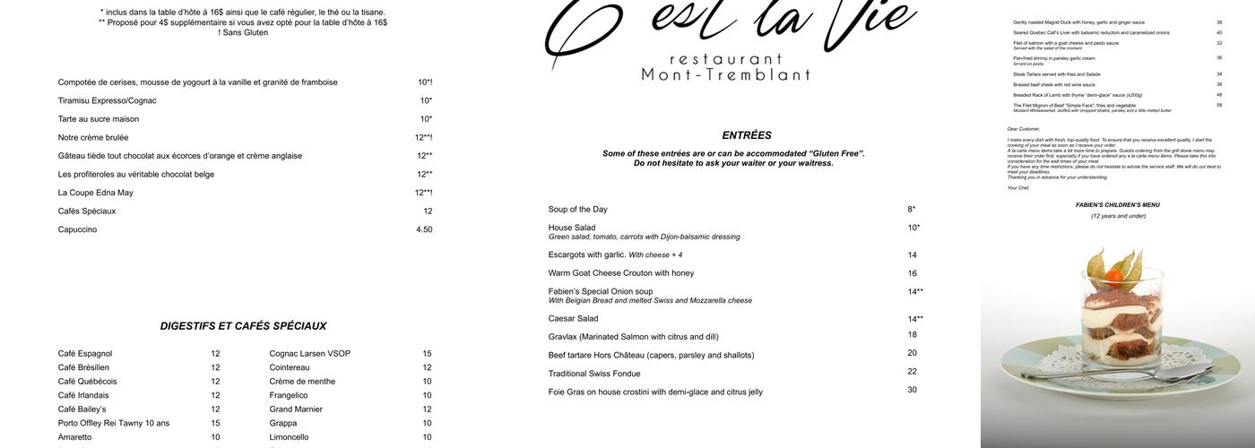 Restaurant C'est la Vie Menu