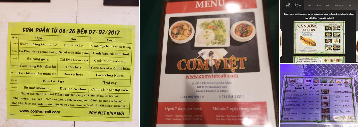 Cơm Việt Cali Menu