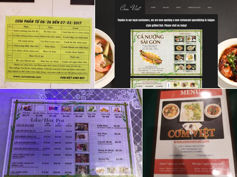 Cơm Việt Cali Menu