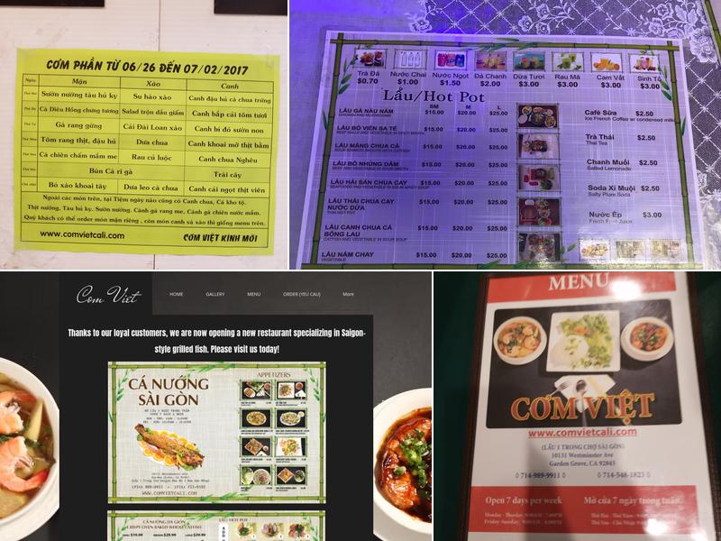 Cơm Việt Cali Menu