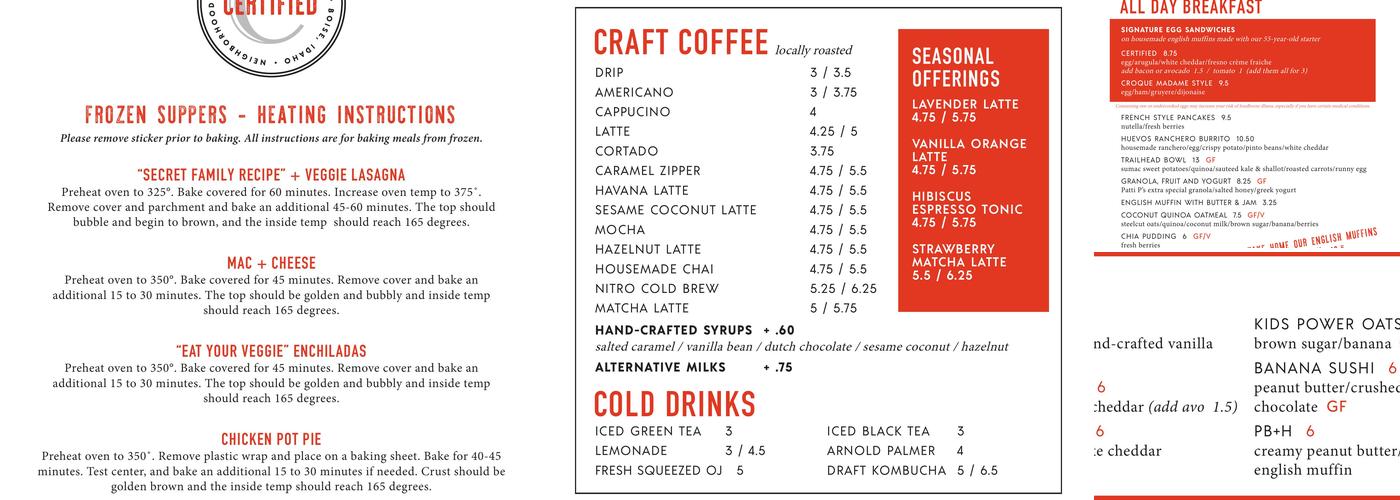 Certified Kitchen and Bakery Menu