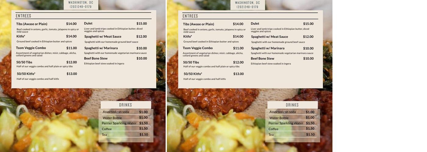 Selassie Ethiopian Market Menu