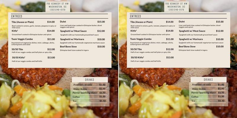 Selassie Ethiopian Market Menu