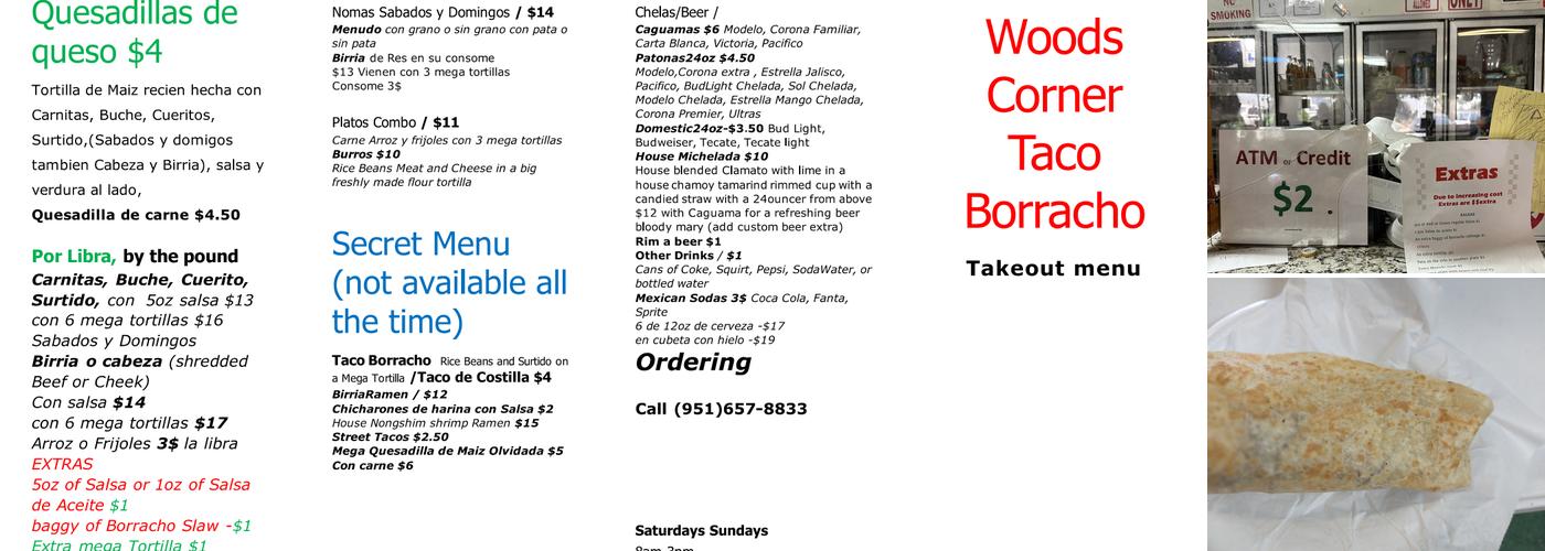Woods Corner - El Taco Borracho Menu