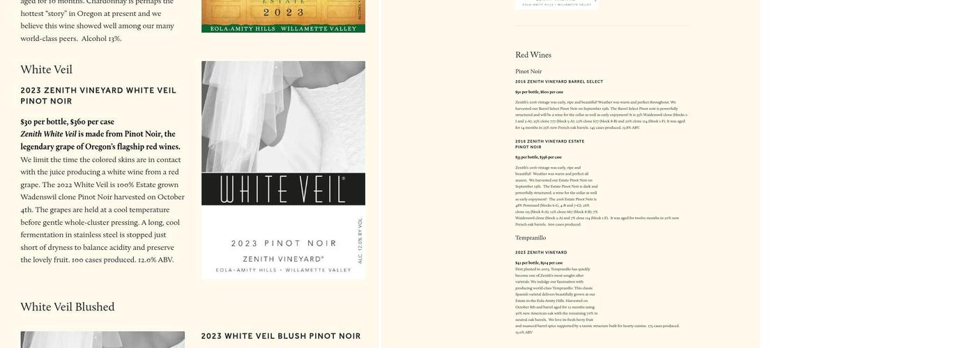 Zenith Vineyard Menu