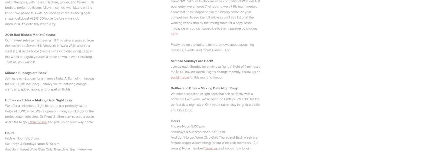 Liberty Lake Wine Cellars Menu