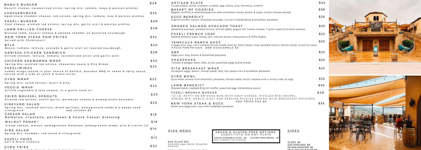 Fazeli Cellars Winery Menu