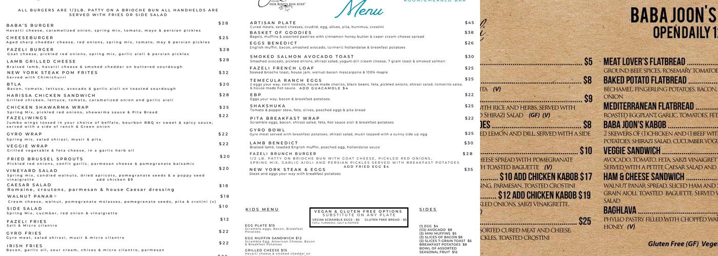 Fazeli Cellars Winery Menu
