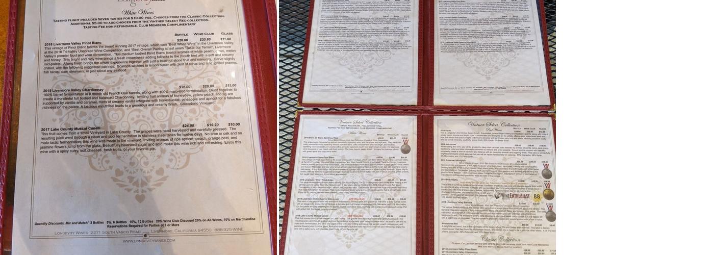 Longevity Wines Inc Menu