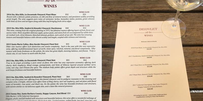 Deovlet Wines Menu
