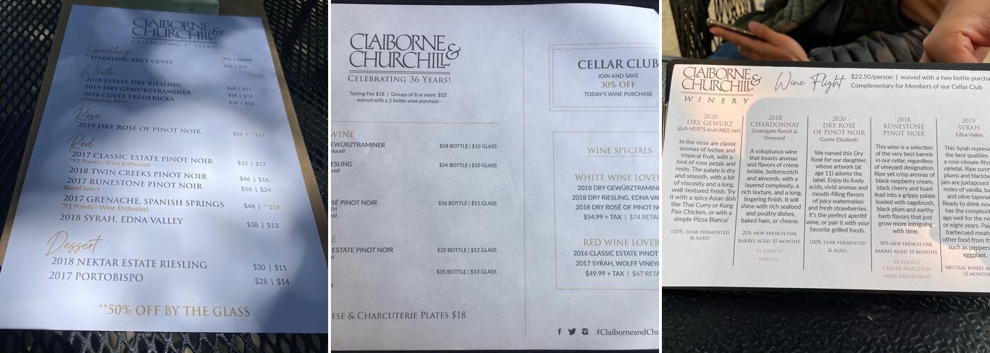 Claiborne & Churchill Winery Menu