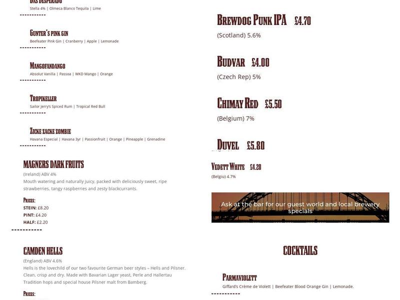 Stein Bier Keller Menu