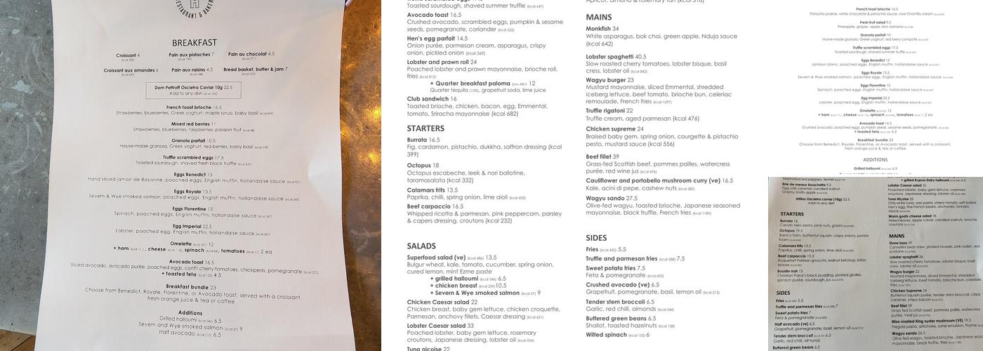 Aubaine Selfridges Menu