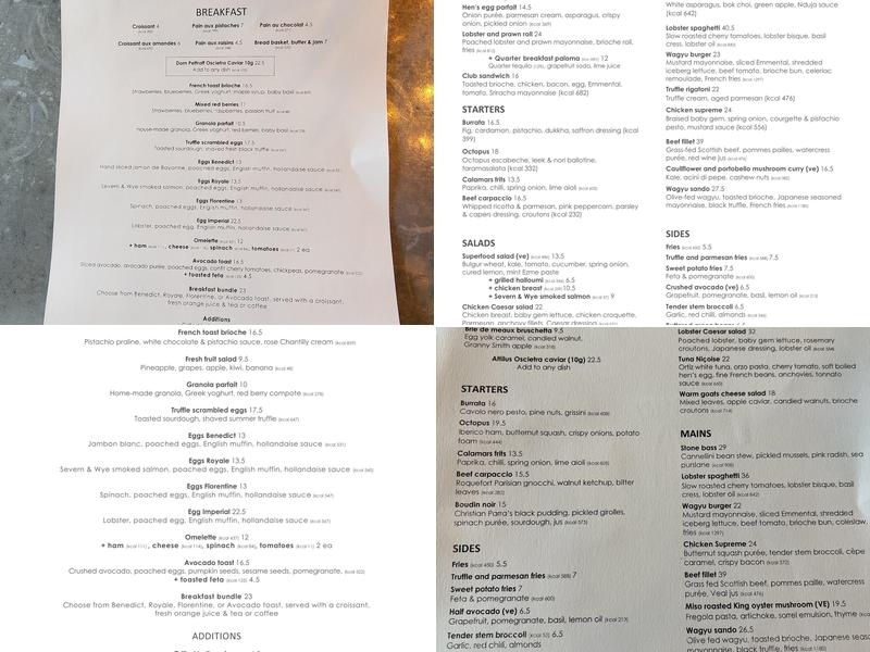 Aubaine Selfridges Menu