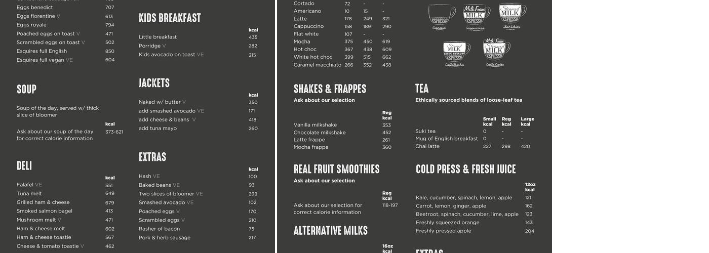 Esquires Coffee Menu