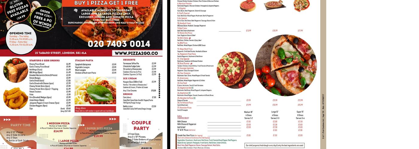 Pizza 2 Go Menu
