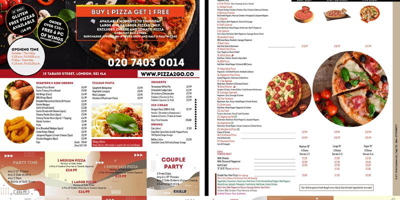 Pizza 2 Go Menu