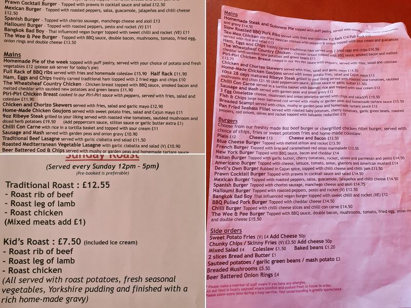 The Wheatsheaf & Pigeon Menu