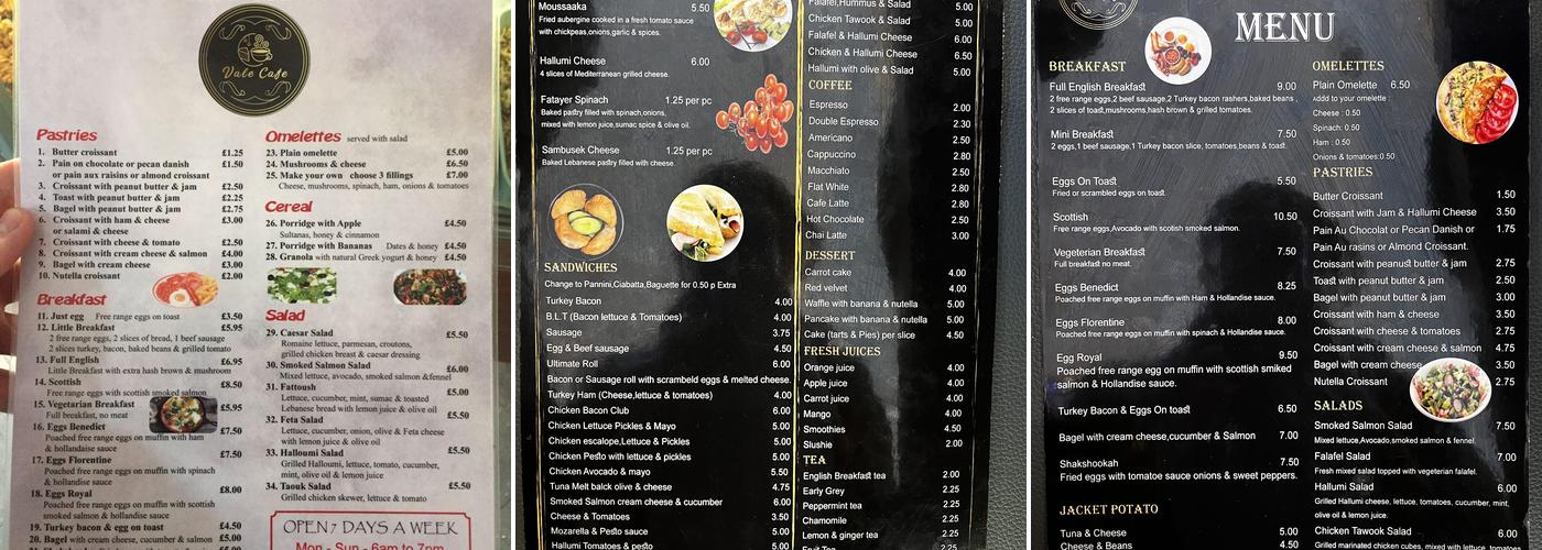 Vale cafe Menu