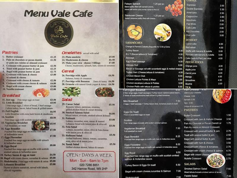 Vale cafe Menu