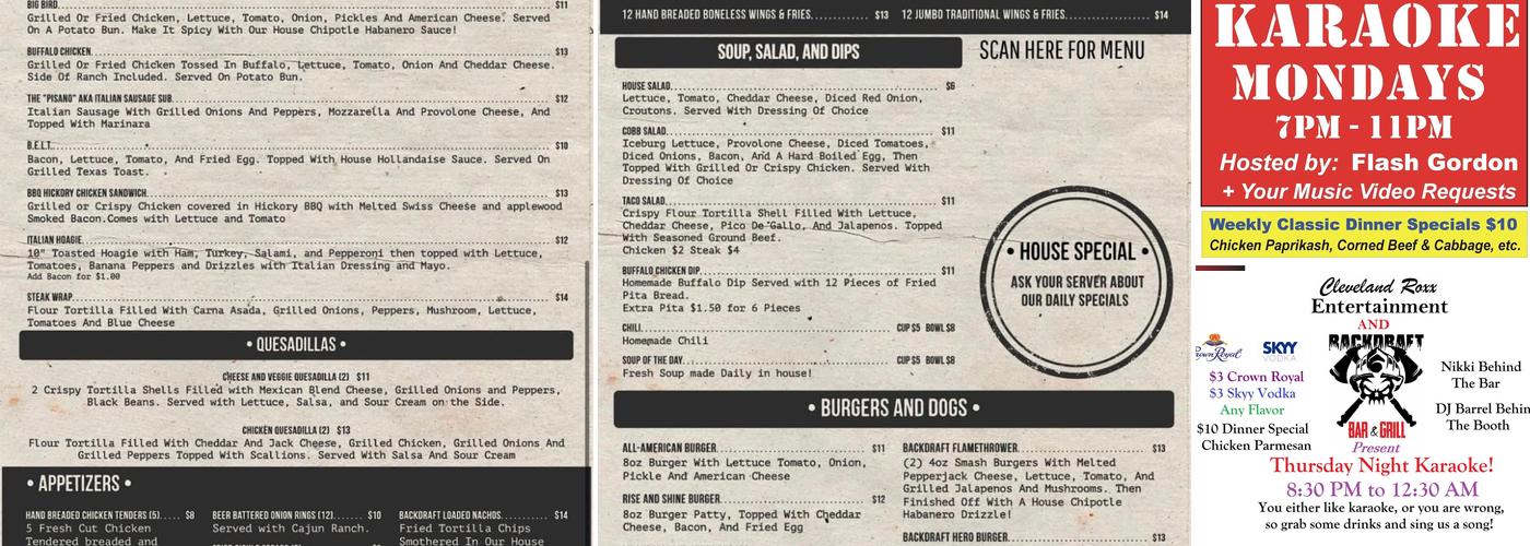 Back Draft Bar and Grill Menu