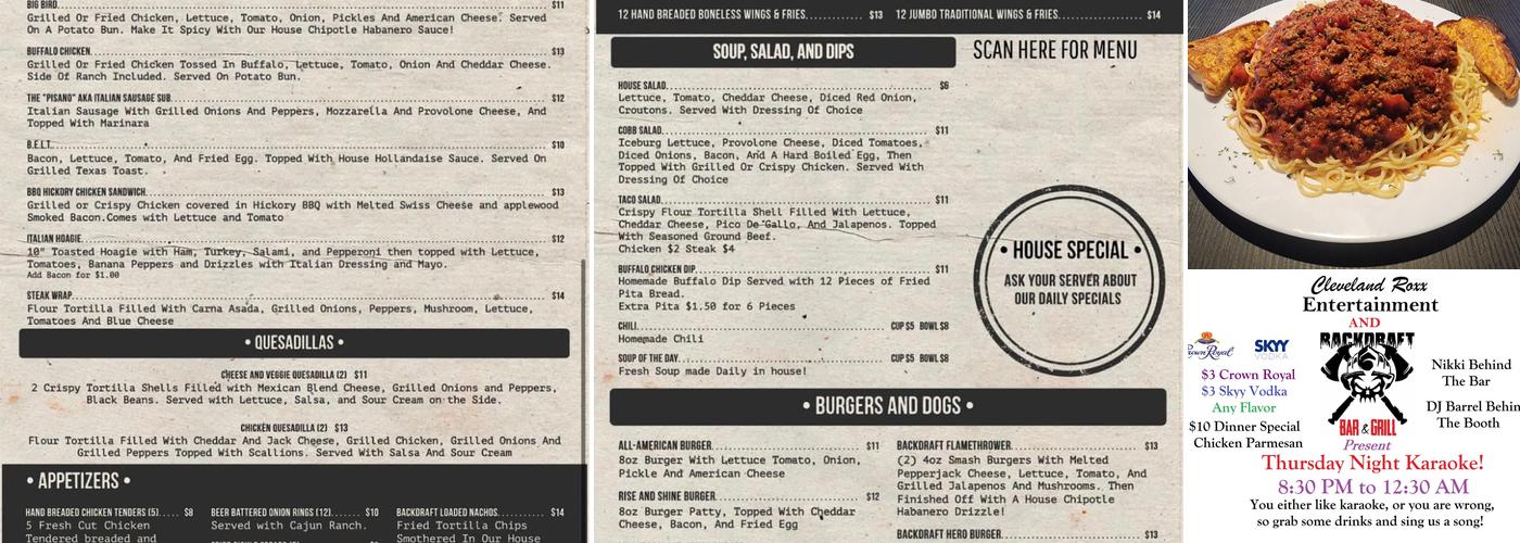 Back Draft Bar and Grill Menu