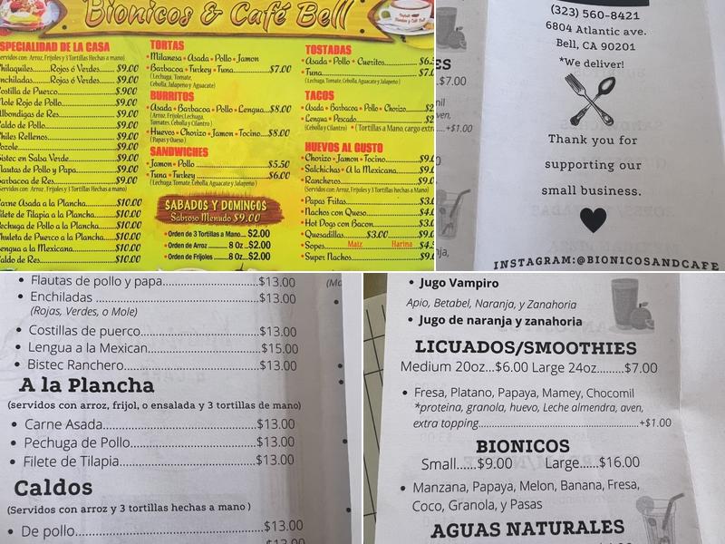 Bionicos Y Cafe Bell Menu