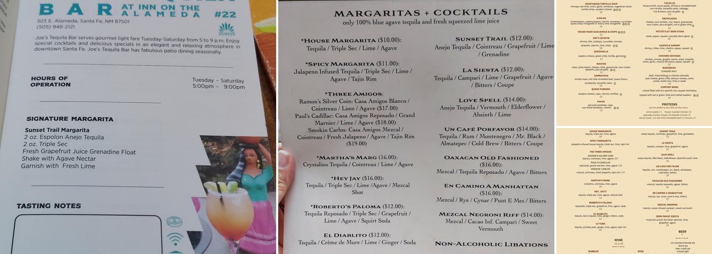 Joe's Tequila Bar Menu