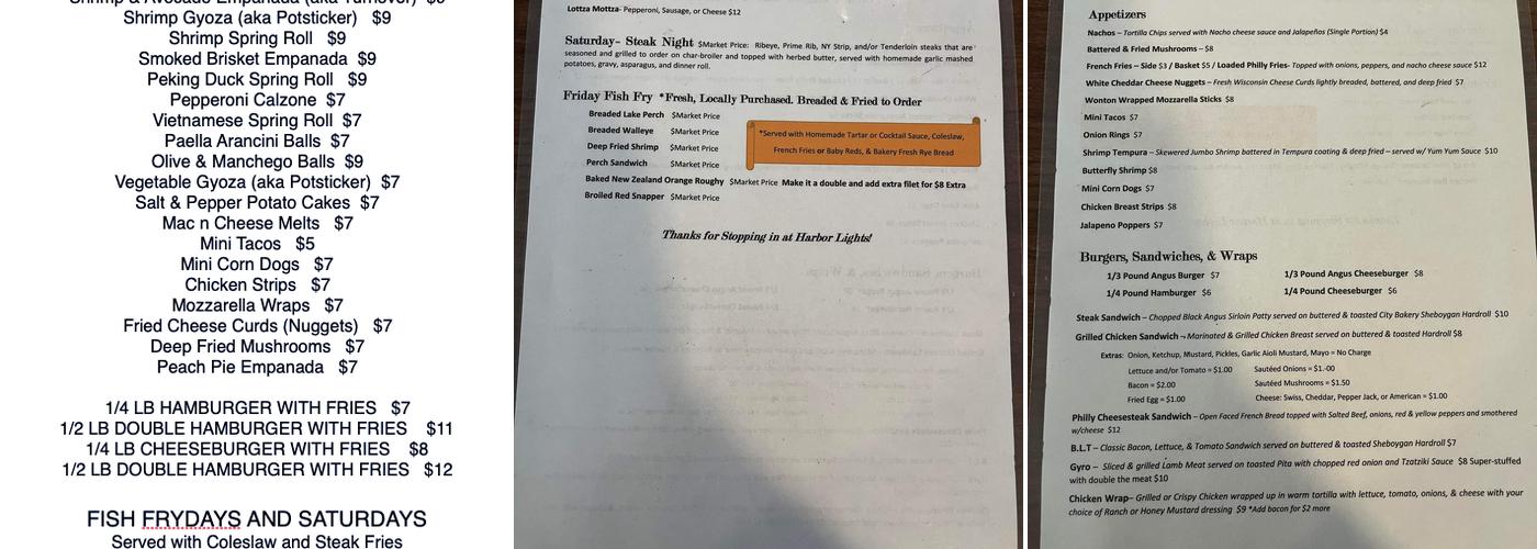 Harbor Lights on Lake Ellen Menu