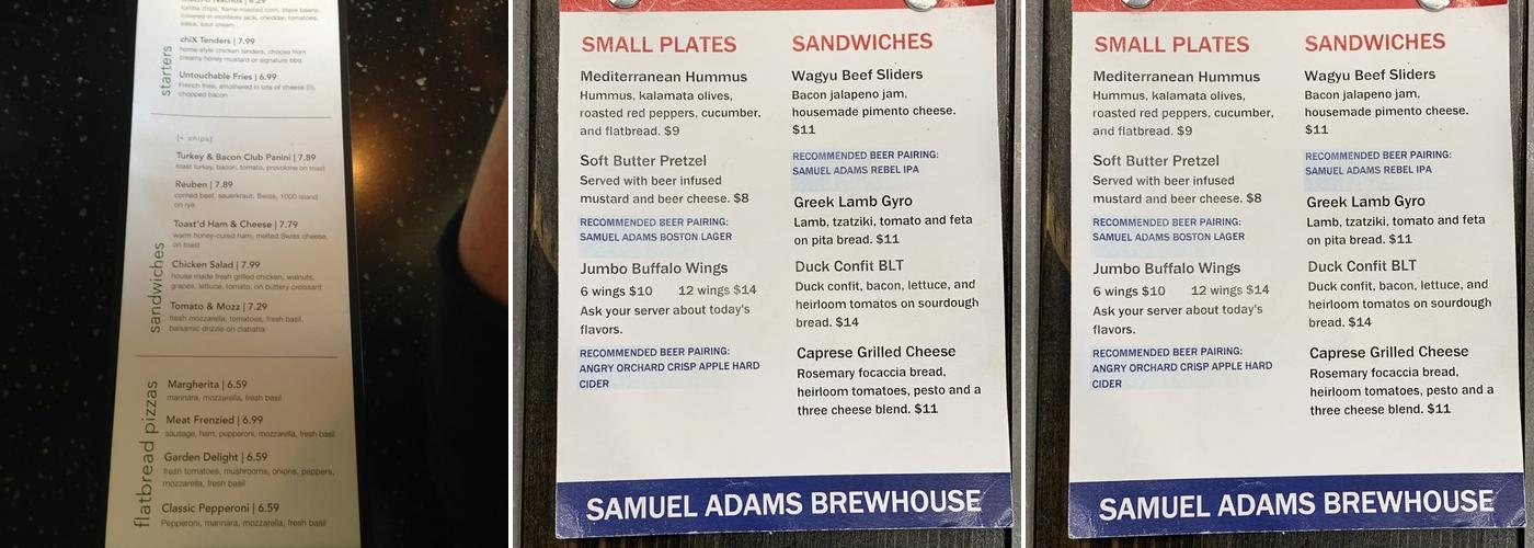 Samuel Adams Brew House Menu