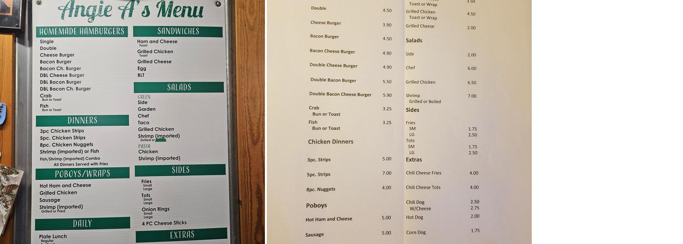 Angie A's Menu