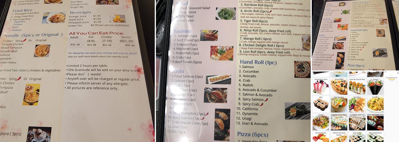 A+ Sushi Buffet Menu