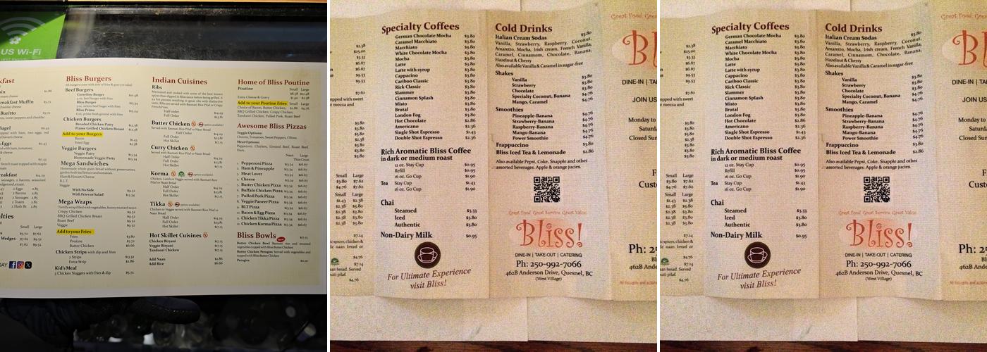 Bliss Coffee Menu