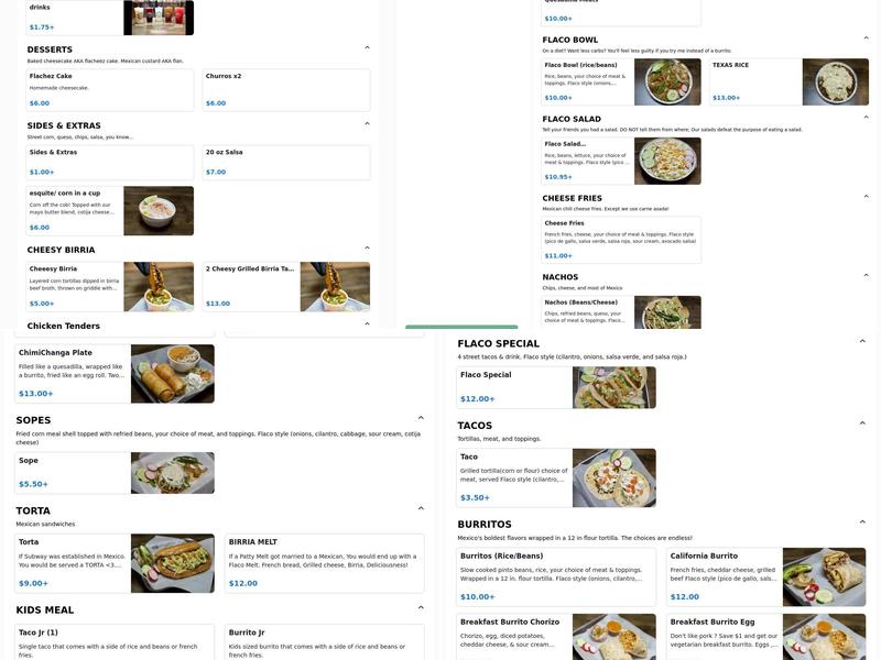 Flacos House Menu