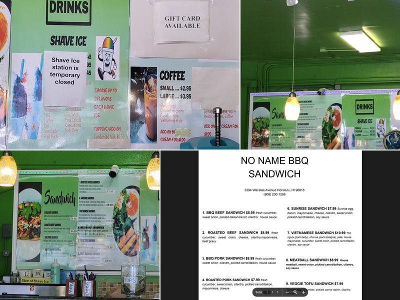 No Name BBQ Sandwich Menu