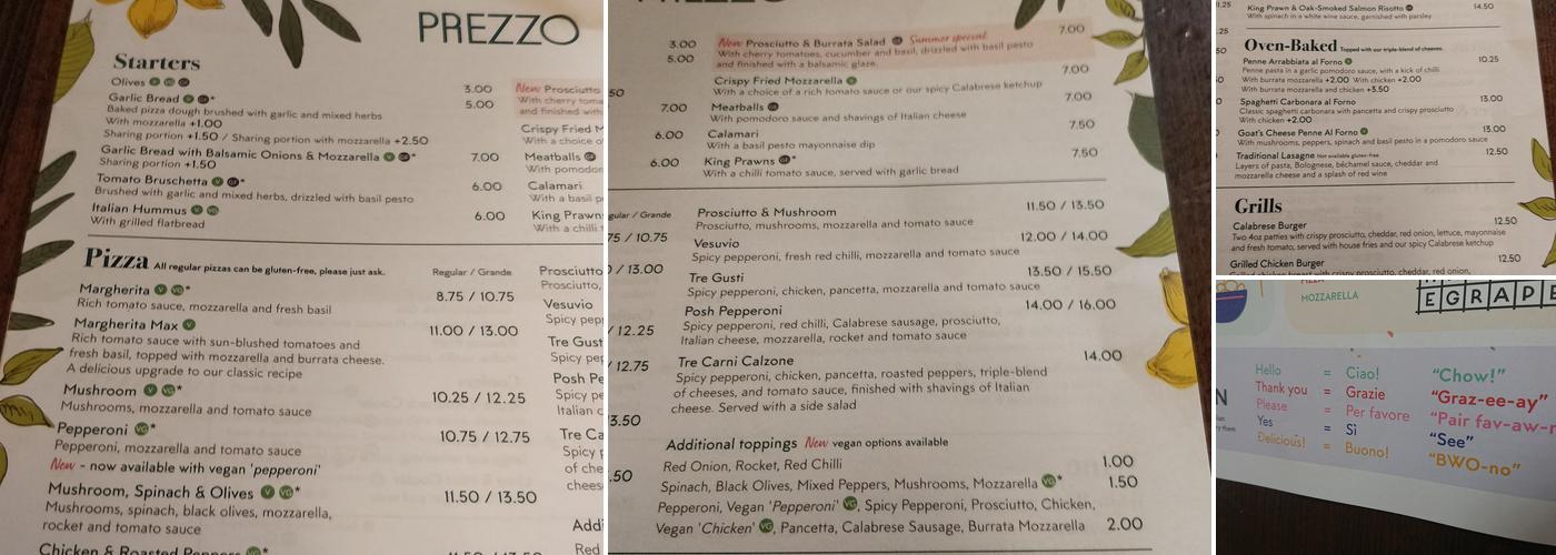Prezzo Italian Restaurant Romsey Menu