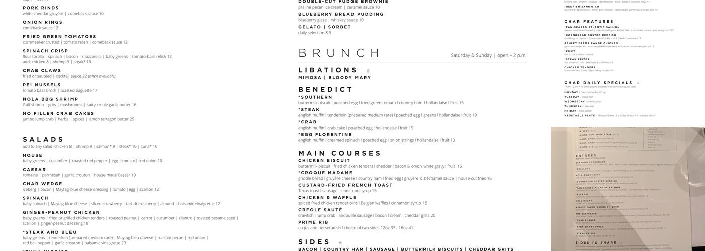 Char Restaurant Menu