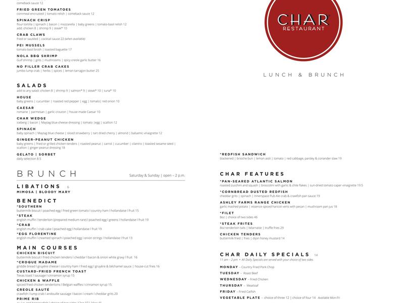 Char Restaurant Menu