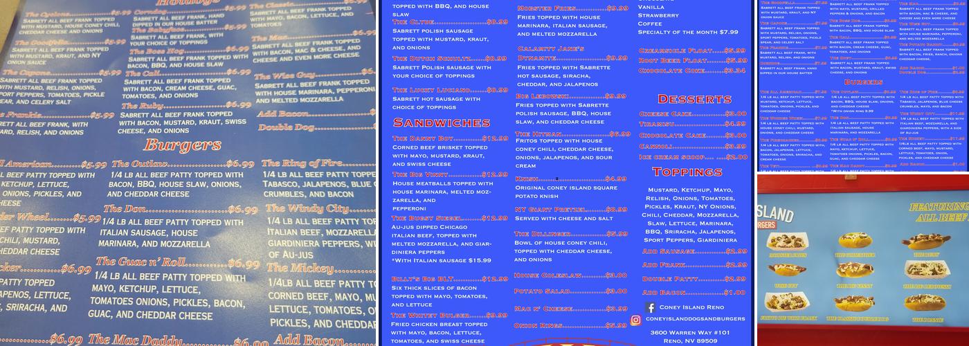 Coney Island Dogs and Burgers Menu