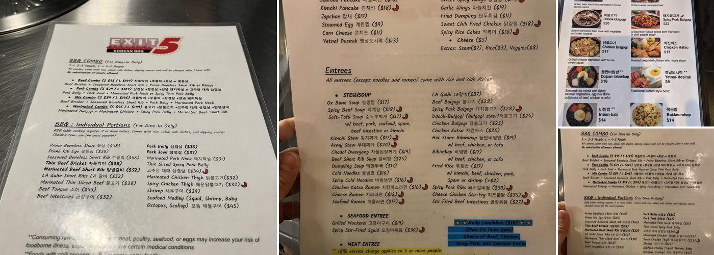 Exit 5 Korean BBQ Menu