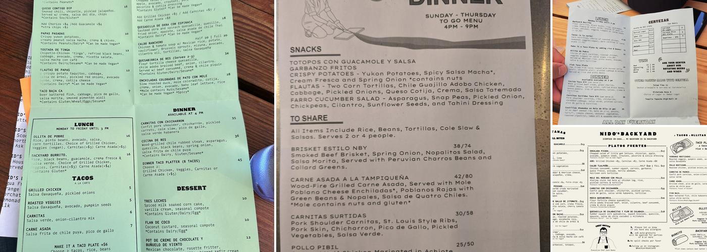 NIDO's Backyard Menu