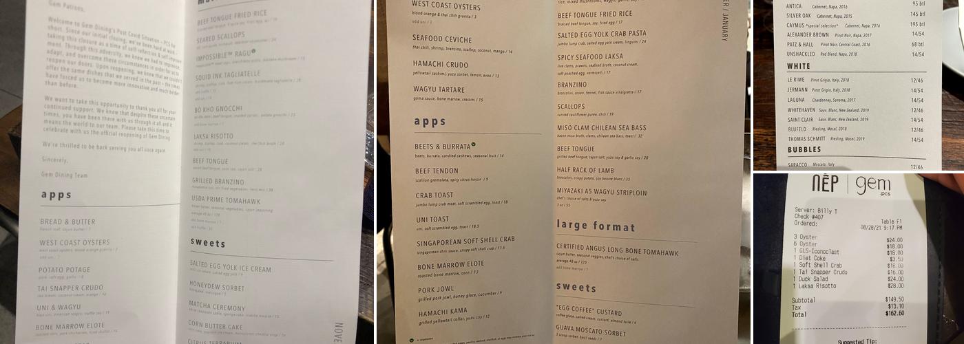 Gem Dining Menu