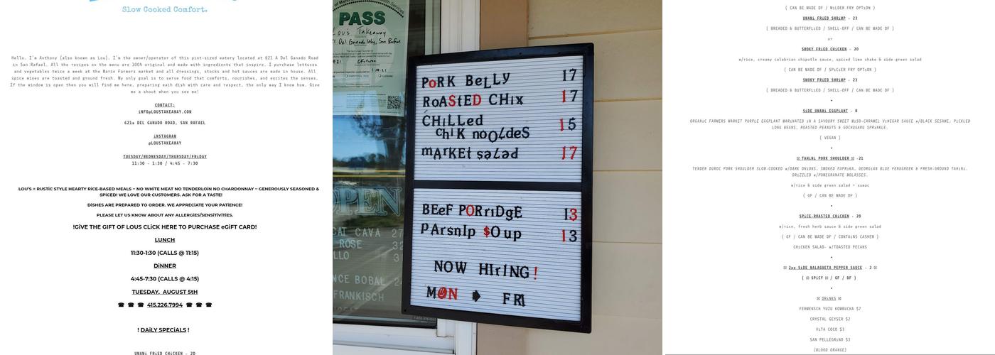 Lou’s Takeaway Menu