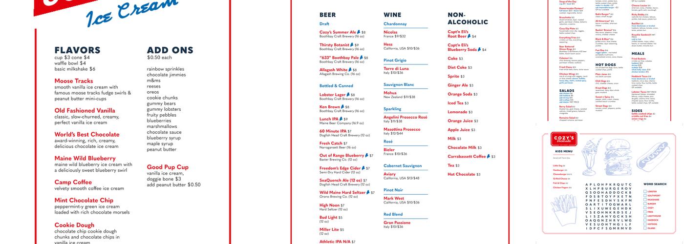 Cozy's Dockside Menu