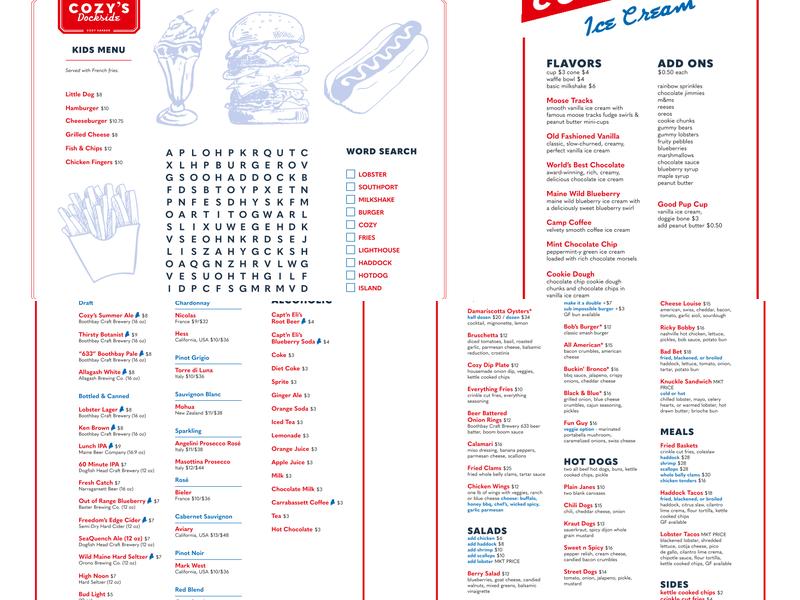 Cozy's Dockside Menu