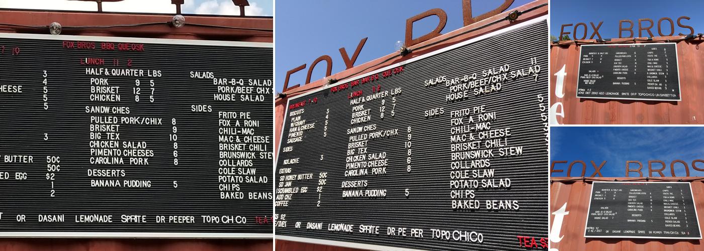 Fox Bros. Bar-B-Que Que-osk Menu